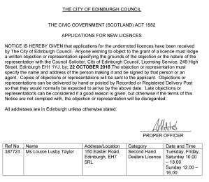 application for second-hand dealer at 150 Easter Road