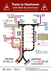 map of bus diversions on Leith Walk, starting 28 March 2020