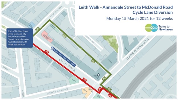 cycle-lane diversion on Leith Walk between Annandale St and McDonald Rd (from Monday 15 March 2021 for 12 weeks). This appears to go along Annandale St Lane.