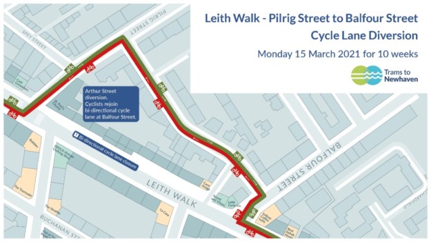 cycle-lane diversion on Leith Walk between Pilrig St and Balfour Rd (from Monday 15 March 2021 for 10 weeks). This appears to go along Arthur St.